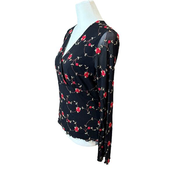 Vintage 90s Y2K Shirt Women Medium Black Mesh Lettuce Hem Sheer Floral Red Rose - Picture 7 of 11